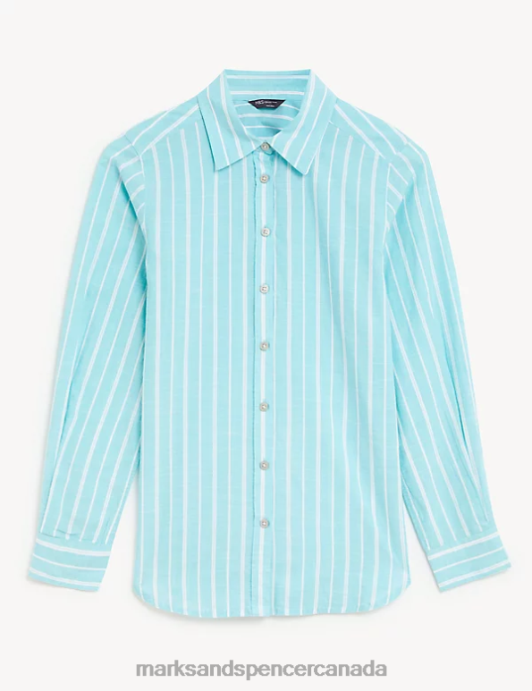 Marks and Spencer near me - Women Light Blue Mix Clothing Marks & Spencer Pure Cotton Striped Regular Fit Shirt 20VTD3103