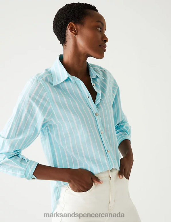 Marks and Spencer near me - Women Light Blue Mix Clothing Marks & Spencer Pure Cotton Striped Regular Fit Shirt 20VTD3103