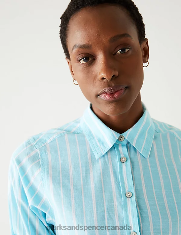 Marks and Spencer near me - Women Light Blue Mix Clothing Marks & Spencer Pure Cotton Striped Regular Fit Shirt 20VTD3103
