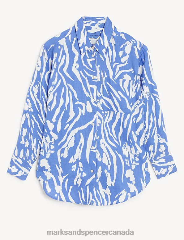 Women Light Blue Mix Clothing Marks & Spencer Pure Linen Printed Oversized Shirt 20VTD2392 - Marks and Spencer outlet