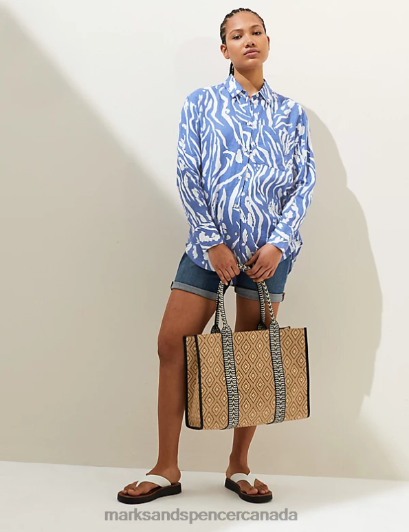 Women Light Blue Mix Clothing Marks & Spencer Pure Linen Printed Oversized Shirt 20VTD2392 - Marks and Spencer outlet