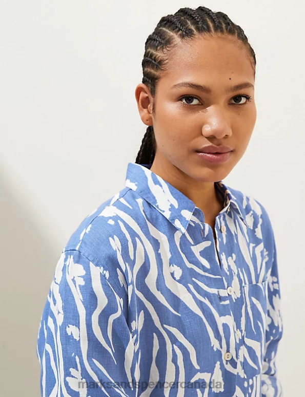 Women Light Blue Mix Clothing Marks & Spencer Pure Linen Printed Oversized Shirt 20VTD2392 - Marks and Spencer outlet