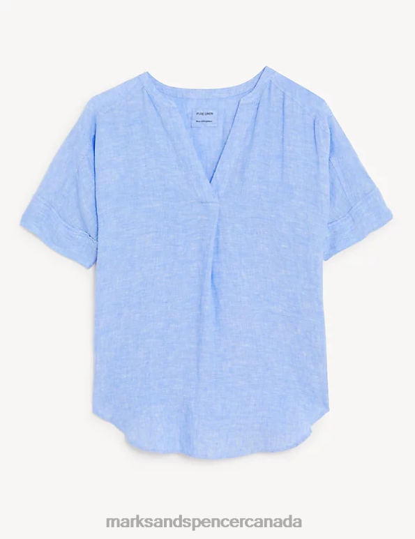 Women Light Chambray Clothing Marks & Spencer Pure Linen Short Sleeve Popover Blouse 20VTD690 - Marks and Spencer outlet