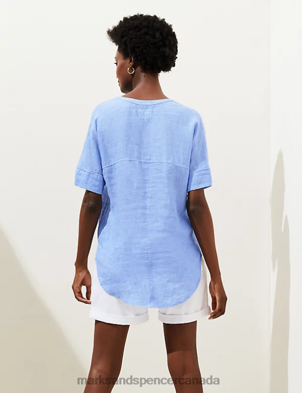 Women Light Chambray Clothing Marks & Spencer Pure Linen Short Sleeve Popover Blouse 20VTD690 - Marks and Spencer outlet