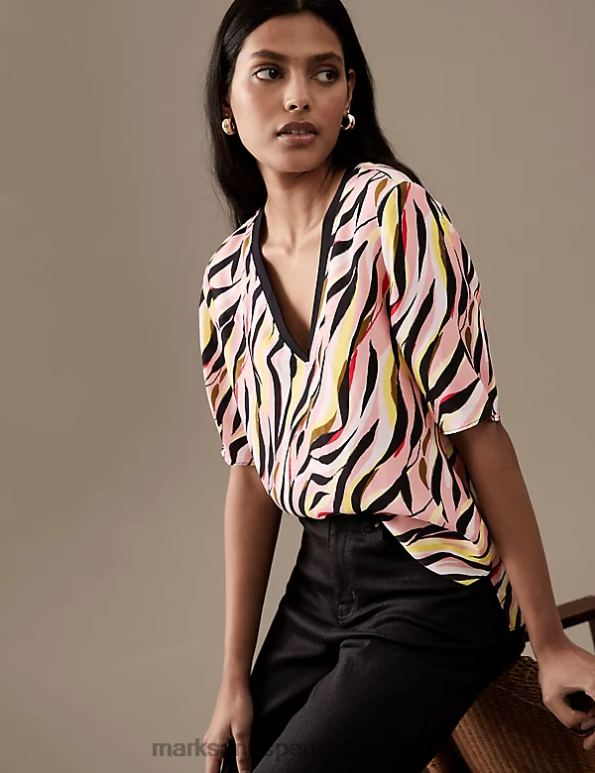 Marks and Spencer Canada - Women Light Pink Mix Clothing Marks & Spencer Cupro Rich Printed V-Neck Blouse 20VTD1871