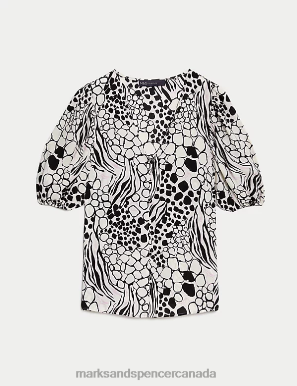 Women Light Pink Mix Clothing Marks & Spencer Printed V-Neck Puff Sleeve Blouse 20VTD909 - Marks and Spencer Canada locations