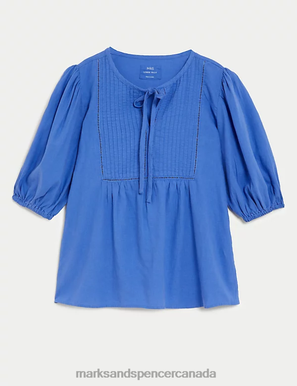 Marks and Spencer sale - Women Lupin Clothing Marks & Spencer Linen Rich Tie Neck Puff Sleeve Blouse 20VTD2246