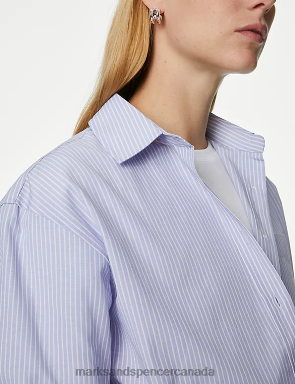 Women Medium Blue Mix Clothing Marks & Spencer Cotton Blend Striped Collared Shirt 20VTD242 - Marks and Spencer outlet