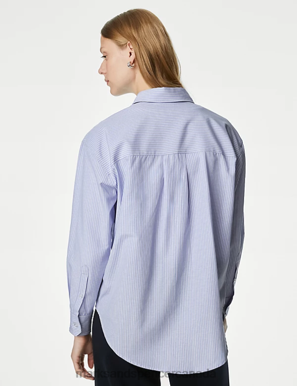 Women Medium Blue Mix Clothing Marks & Spencer Cotton Blend Striped Collared Shirt 20VTD242 - Marks and Spencer outlet