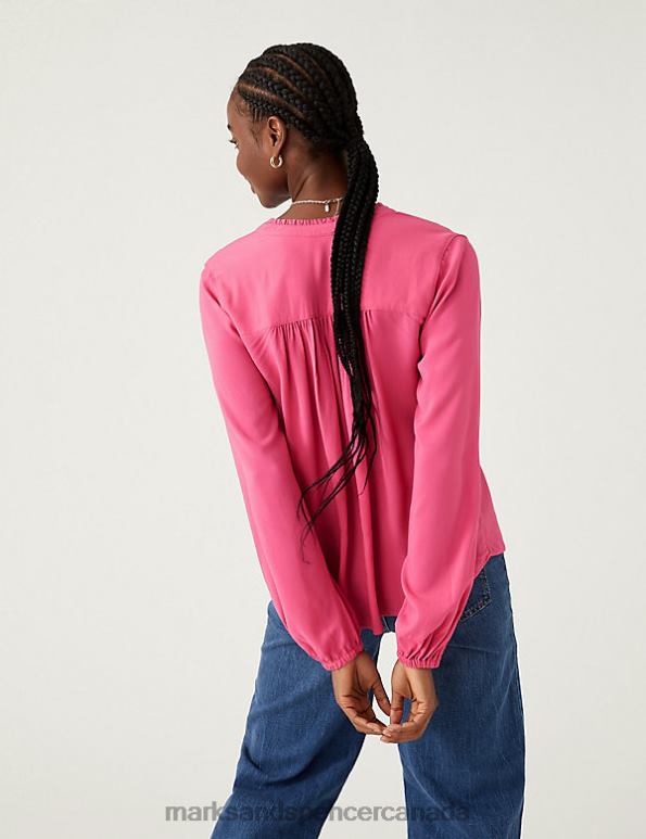 Marks and Spencer sale - Women Medium Pink Clothing Marks & Spencer V-Neck Ruffle Blouson Sleeve Popover Blouse 20VTD2373