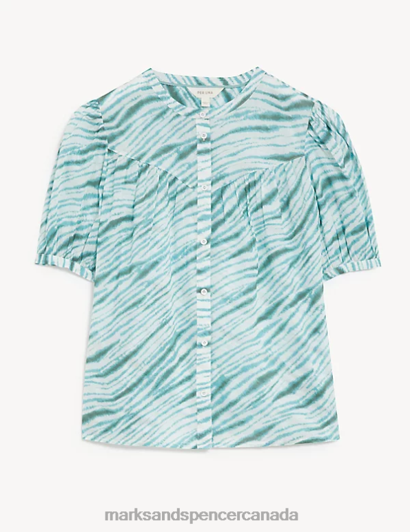 Marks and Spencer sale - Women Medium Seafoam Clothing Marks & Spencer Pure Cotton Printed Short Sleeve Blouse 20VTD3000