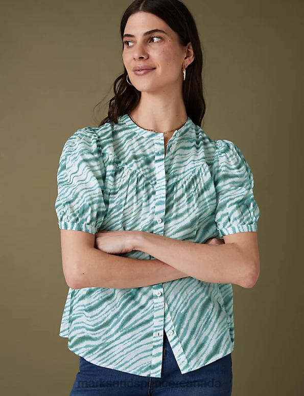 Marks and Spencer sale - Women Medium Seafoam Clothing Marks & Spencer Pure Cotton Printed Short Sleeve Blouse 20VTD3000