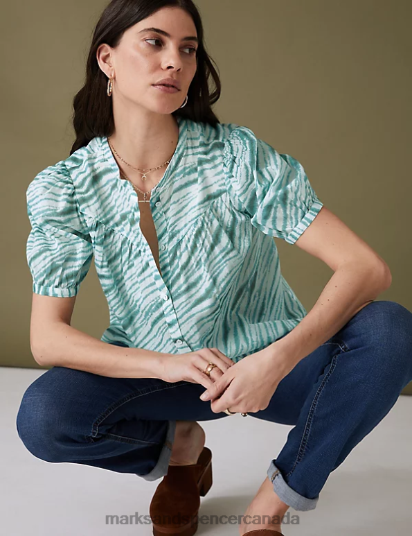 Marks and Spencer sale - Women Medium Seafoam Clothing Marks & Spencer Pure Cotton Printed Short Sleeve Blouse 20VTD3000
