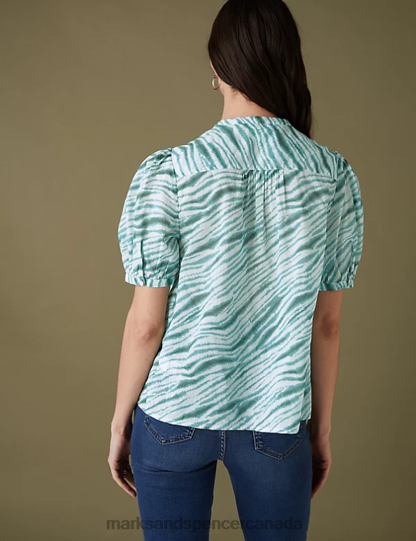 Marks and Spencer sale - Women Medium Seafoam Clothing Marks & Spencer Pure Cotton Printed Short Sleeve Blouse 20VTD3000