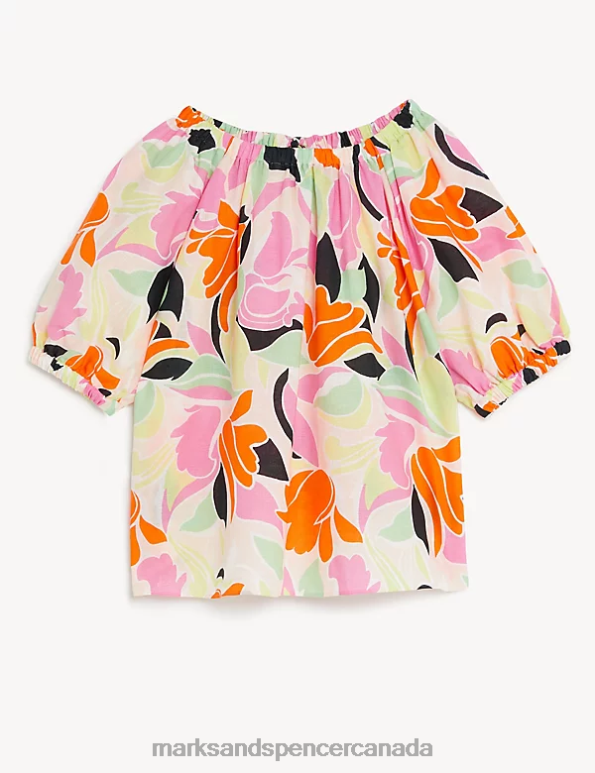 Women Multi Clothing Marks & Spencer Linen Rich Printed Puff Sleeve Blouse 20VTD259 - Marks and Spencer online