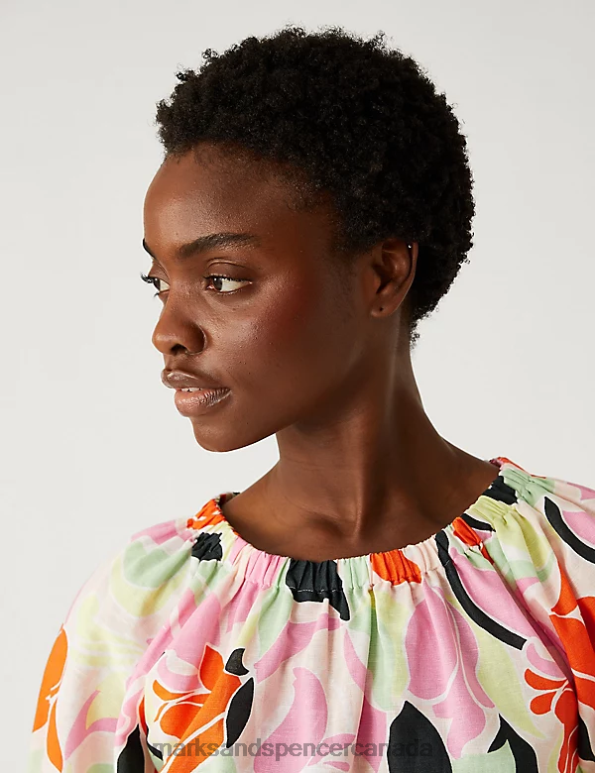 Women Multi Clothing Marks & Spencer Linen Rich Printed Puff Sleeve Blouse 20VTD259 - Marks and Spencer online