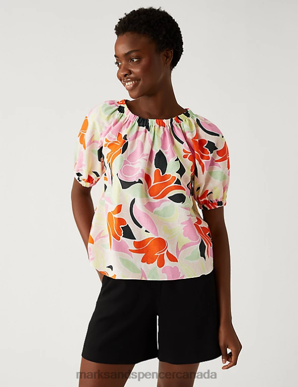 Women Multi Clothing Marks & Spencer Linen Rich Printed Puff Sleeve Blouse 20VTD259 - Marks and Spencer online