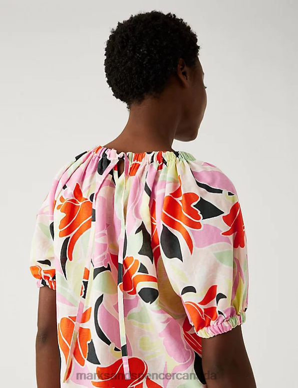 Women Multi Clothing Marks & Spencer Linen Rich Printed Puff Sleeve Blouse 20VTD259 - Marks and Spencer online