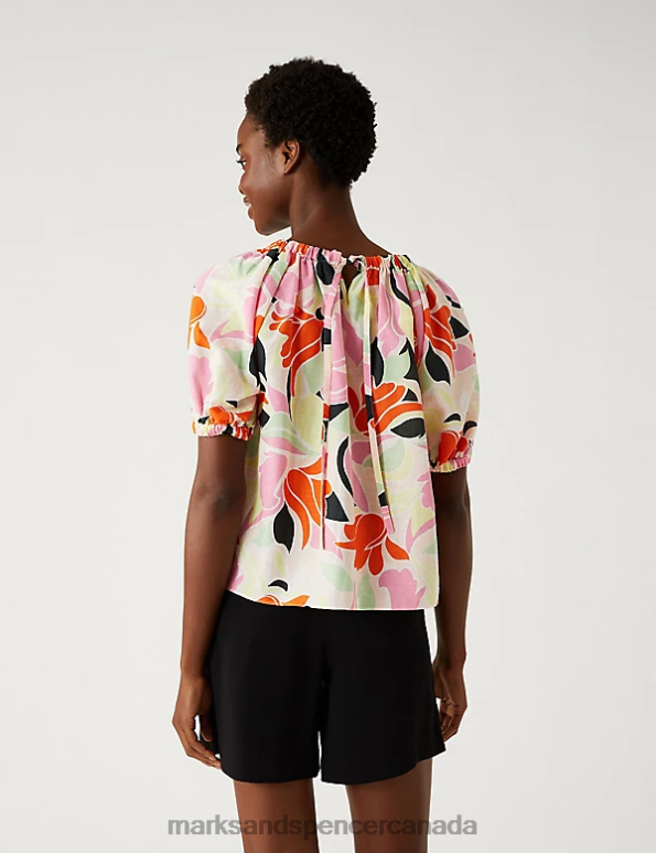 Women Multi Clothing Marks & Spencer Linen Rich Printed Puff Sleeve Blouse 20VTD259 - Marks and Spencer online