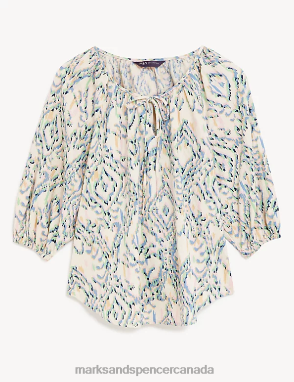 Marks and Spencer near me - Women Multi Clothing Marks & Spencer Linen Rich Printed Tie Neck Blouse 20VTD1772