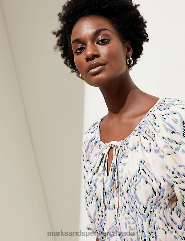 Marks and Spencer near me - Women Multi Clothing Marks & Spencer Linen Rich Printed Tie Neck Blouse 20VTD1772