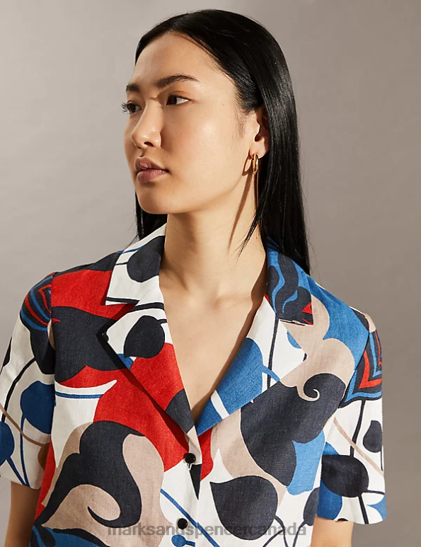 Women Multi Clothing Marks & Spencer Pure Linen Floral Collared Shirt 20VTD1030 - Marks and Spencer outlet