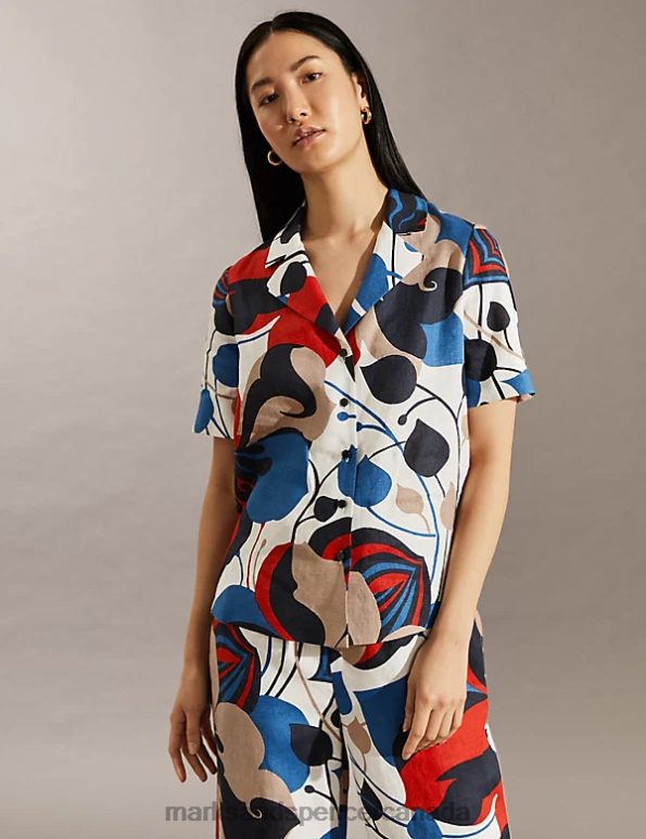 Women Multi Clothing Marks & Spencer Pure Linen Floral Collared Shirt 20VTD1030 - Marks and Spencer outlet