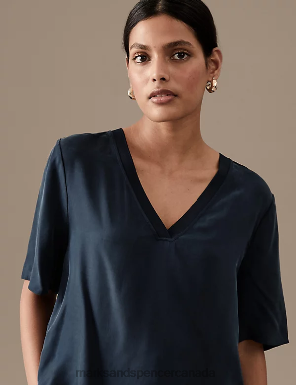 Women Navy Clothing Marks & Spencer Cupro Rich V-Neck Short Sleeve Blouse 20VTD2892 - Marks and Spencer Canada locations