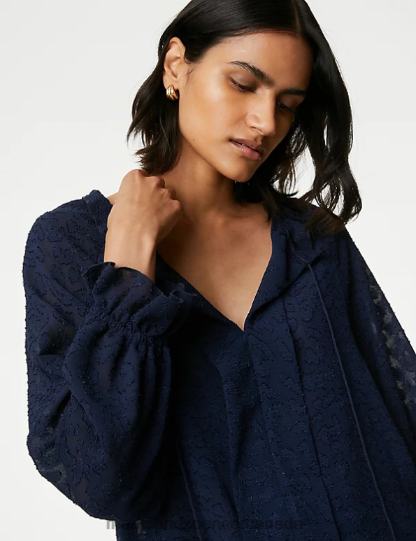 Marks and Spencer near me - Women Navy Clothing Marks & Spencer Jacquard Tie Neck Ruffle Popover Blouse 20VTD710