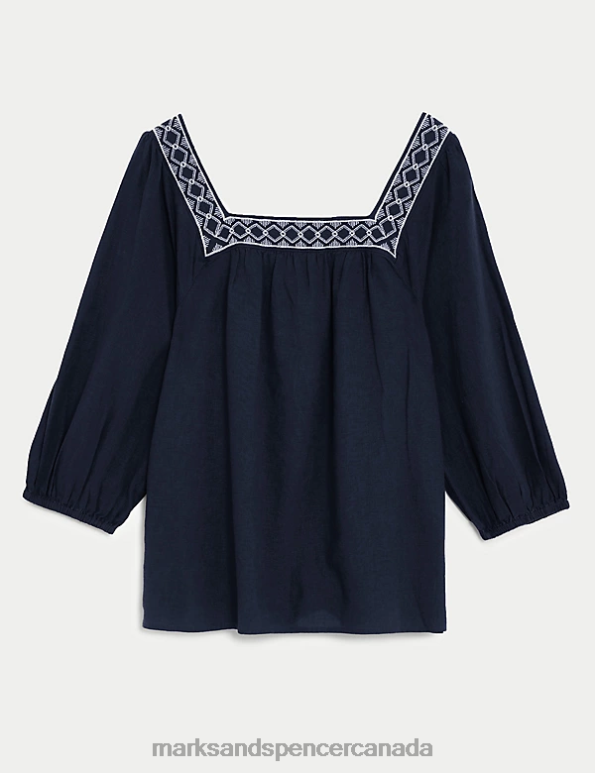 Marks and Spencer sale - Women Navy Clothing Marks & Spencer Linen Blend Embroidered Puff Sleeve Blouse 20VTD572