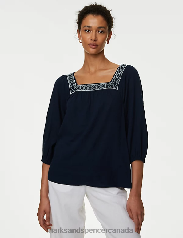 Marks and Spencer sale - Women Navy Clothing Marks & Spencer Linen Blend Embroidered Puff Sleeve Blouse 20VTD572