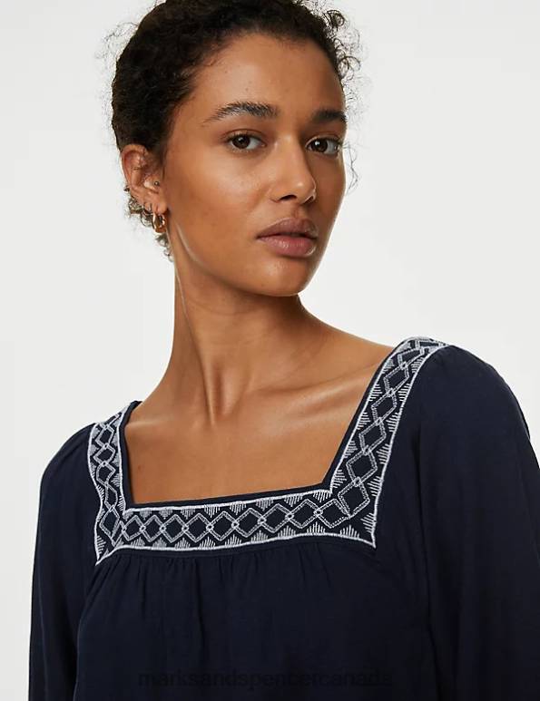 Marks and Spencer sale - Women Navy Clothing Marks & Spencer Linen Blend Embroidered Puff Sleeve Blouse 20VTD572
