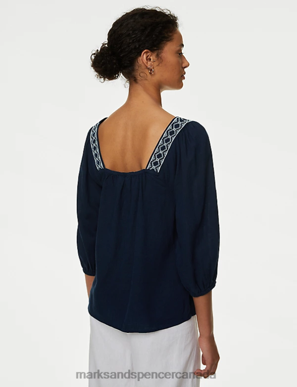 Marks and Spencer sale - Women Navy Clothing Marks & Spencer Linen Blend Embroidered Puff Sleeve Blouse 20VTD572