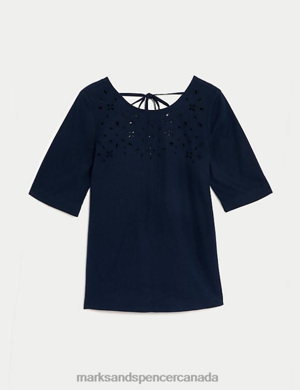 Women Navy Clothing Marks & Spencer Linen Rich Cutwork Detail Blouse 20VTD581 - Marks and Spencer Canada locations