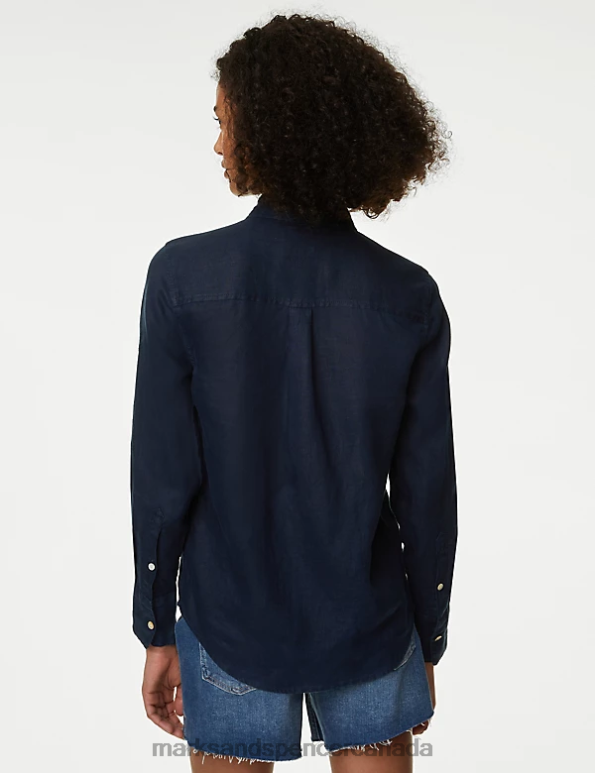 Women Navy Clothing Marks & Spencer Pure Linen Long Sleeve Shirt 20VTD1723 - Marks and Spencer Canada locations