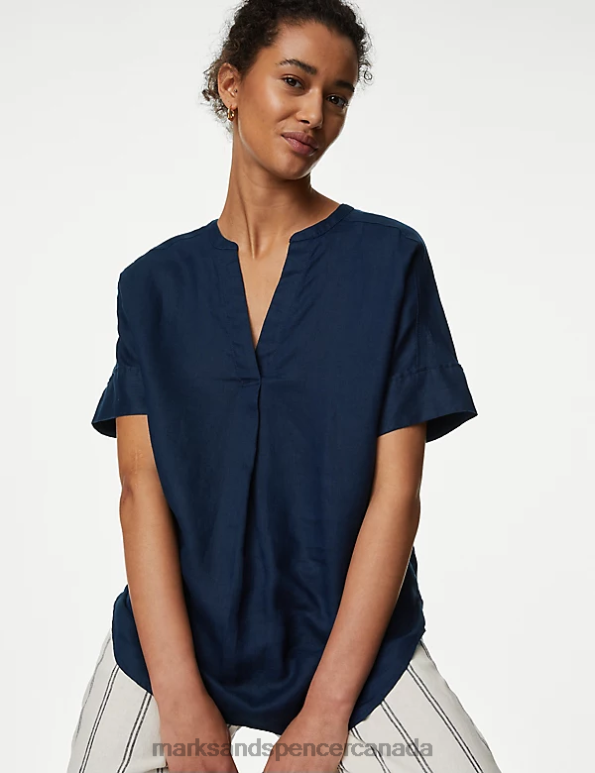 Marks and Spencer near me - Women Navy Clothing Marks & Spencer Pure Linen Short Sleeve Popover Blouse 20VTD2439