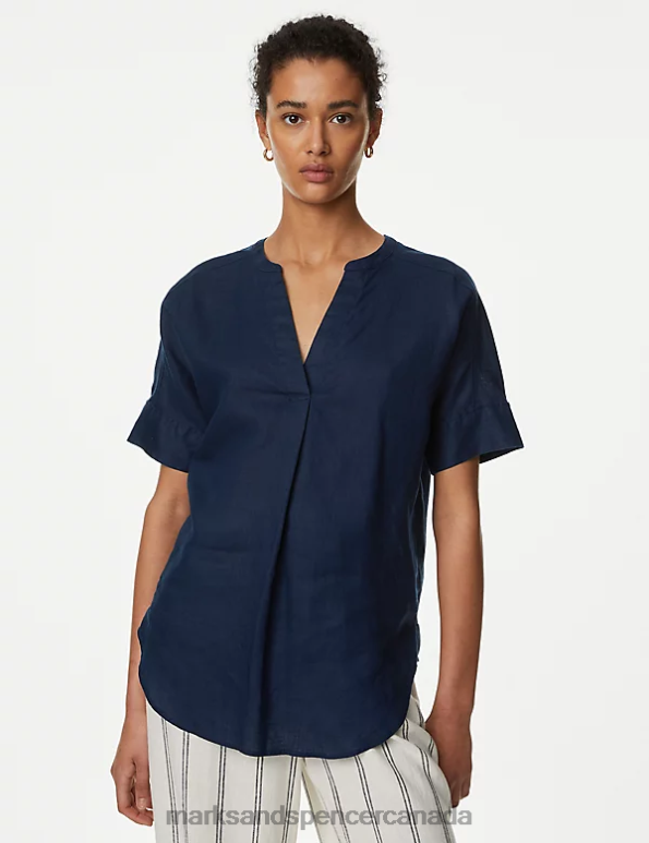 Marks and Spencer near me - Women Navy Clothing Marks & Spencer Pure Linen Short Sleeve Popover Blouse 20VTD2439