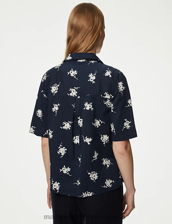 Marks and Spencer Canada - Women Navy Mix Clothing Marks & Spencer Cotton Rich Printed Collared Shirt 20VTD1767