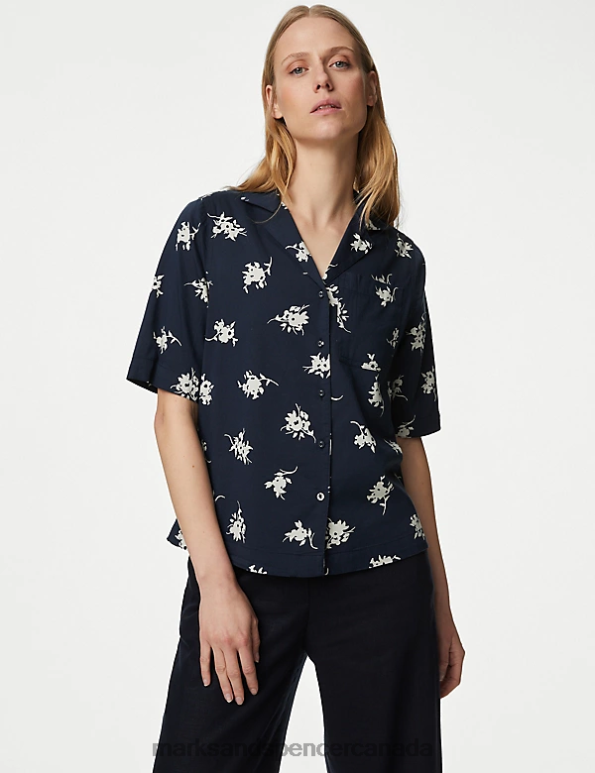 Marks and Spencer Canada - Women Navy Mix Clothing Marks & Spencer Cotton Rich Printed Collared Shirt 20VTD1767