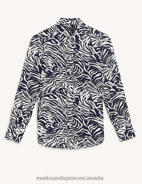 Women Navy Mix Clothing Marks & Spencer Printed Collared Shirt 20VTD738 - Marks and Spencer Canada locations