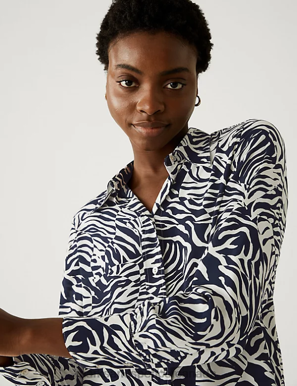Women Navy Mix Clothing Marks & Spencer Printed Collared Shirt 20VTD738 - Marks and Spencer Canada locations