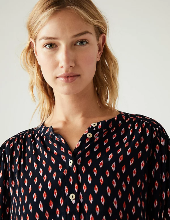 Marks and Spencer near me - Women Navy Mix Clothing Marks & Spencer Printed Crew Neck Blouse 20VTD186