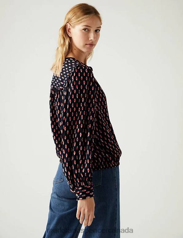 Marks and Spencer near me - Women Navy Mix Clothing Marks & Spencer Printed Crew Neck Blouse 20VTD186