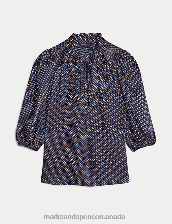 Marks and Spencer Canada - Women Navy Mix Clothing Marks & Spencer Printed Frill Neck Tie Front Popover Blouse 20VTD344