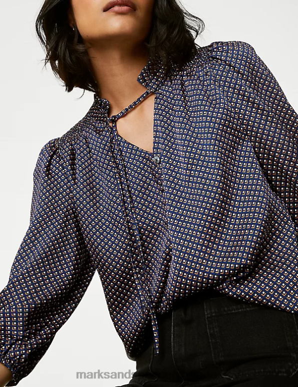 Marks and Spencer Canada - Women Navy Mix Clothing Marks & Spencer Printed Frill Neck Tie Front Popover Blouse 20VTD344