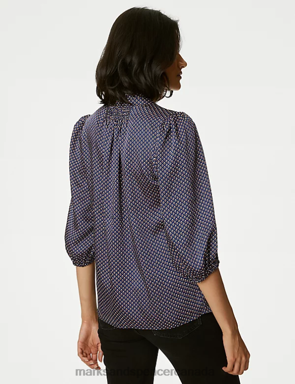 Marks and Spencer Canada - Women Navy Mix Clothing Marks & Spencer Printed Frill Neck Tie Front Popover Blouse 20VTD344
