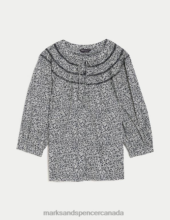 Women Navy Mix Clothing Marks & Spencer Pure Cotton Floral Tie Neck Smocked Blouse 20VTD718 - Marks and Spencer online