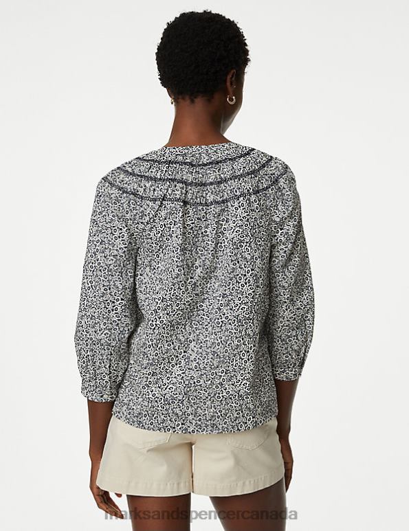 Women Navy Mix Clothing Marks & Spencer Pure Cotton Floral Tie Neck Smocked Blouse 20VTD718 - Marks and Spencer online