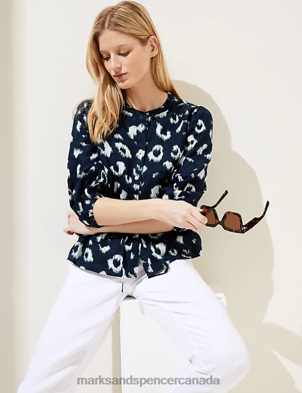 Women Navy Mix Clothing Marks & Spencer Pure Linen Animal Print Waisted Blouse 20VTD531 - Marks and Spencer outlet