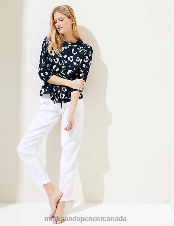 Women Navy Mix Clothing Marks & Spencer Pure Linen Animal Print Waisted Blouse 20VTD531 - Marks and Spencer outlet